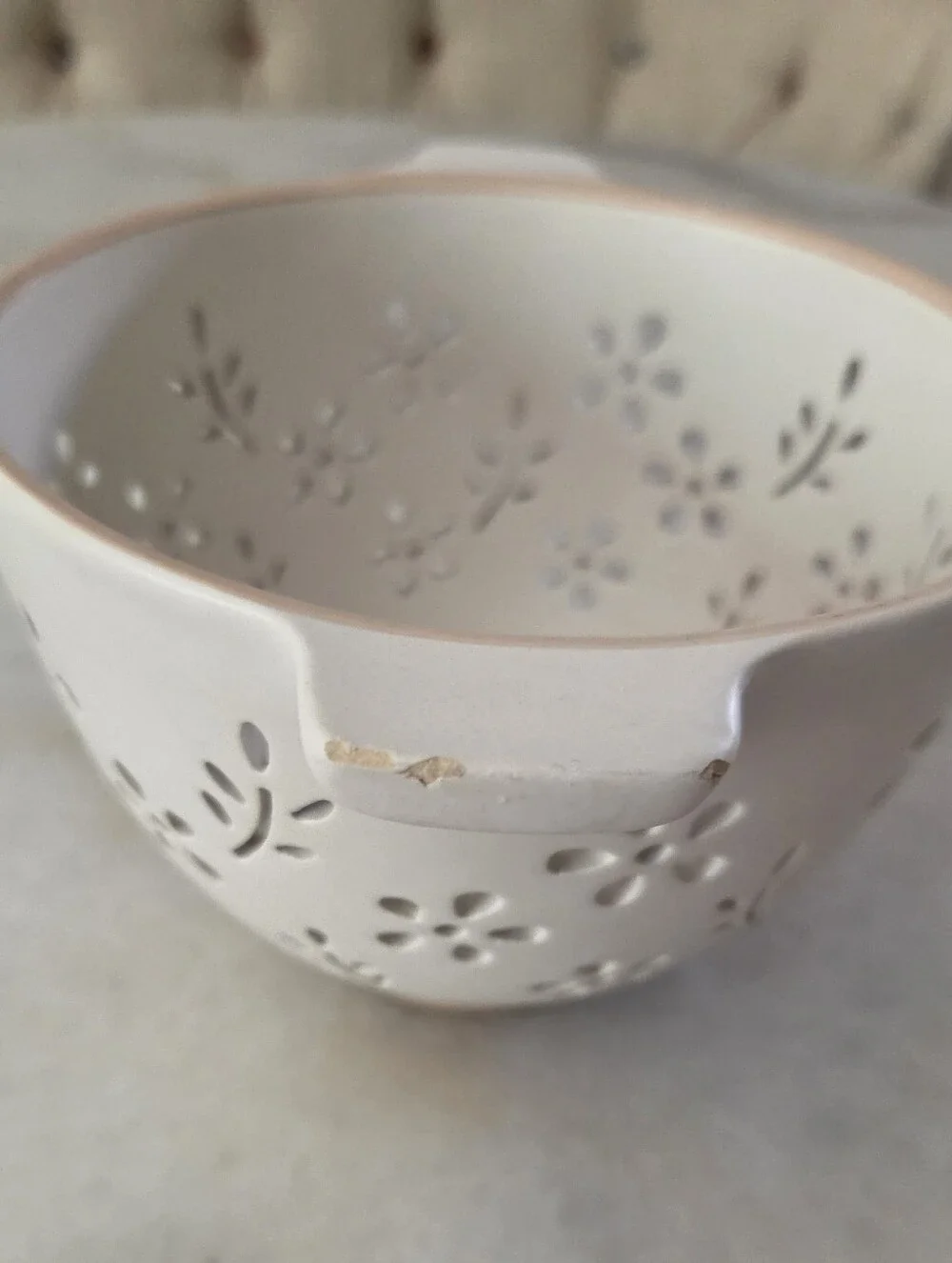White Ceramic Floral-Colander Bowl with Handles